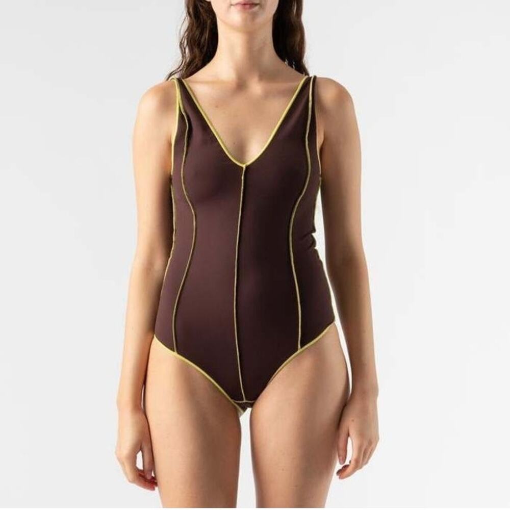 Baserange Vein Swimsuit One Piece Vein Tactile Contrast Small Swim Eggplant Lime